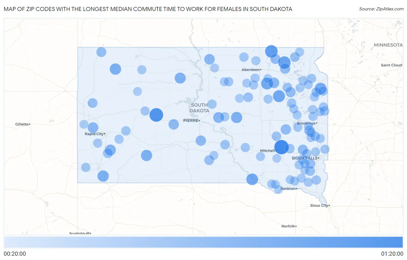 Zip Codes with the Longest Median Commute Time to Work for Females in South Dakota Map