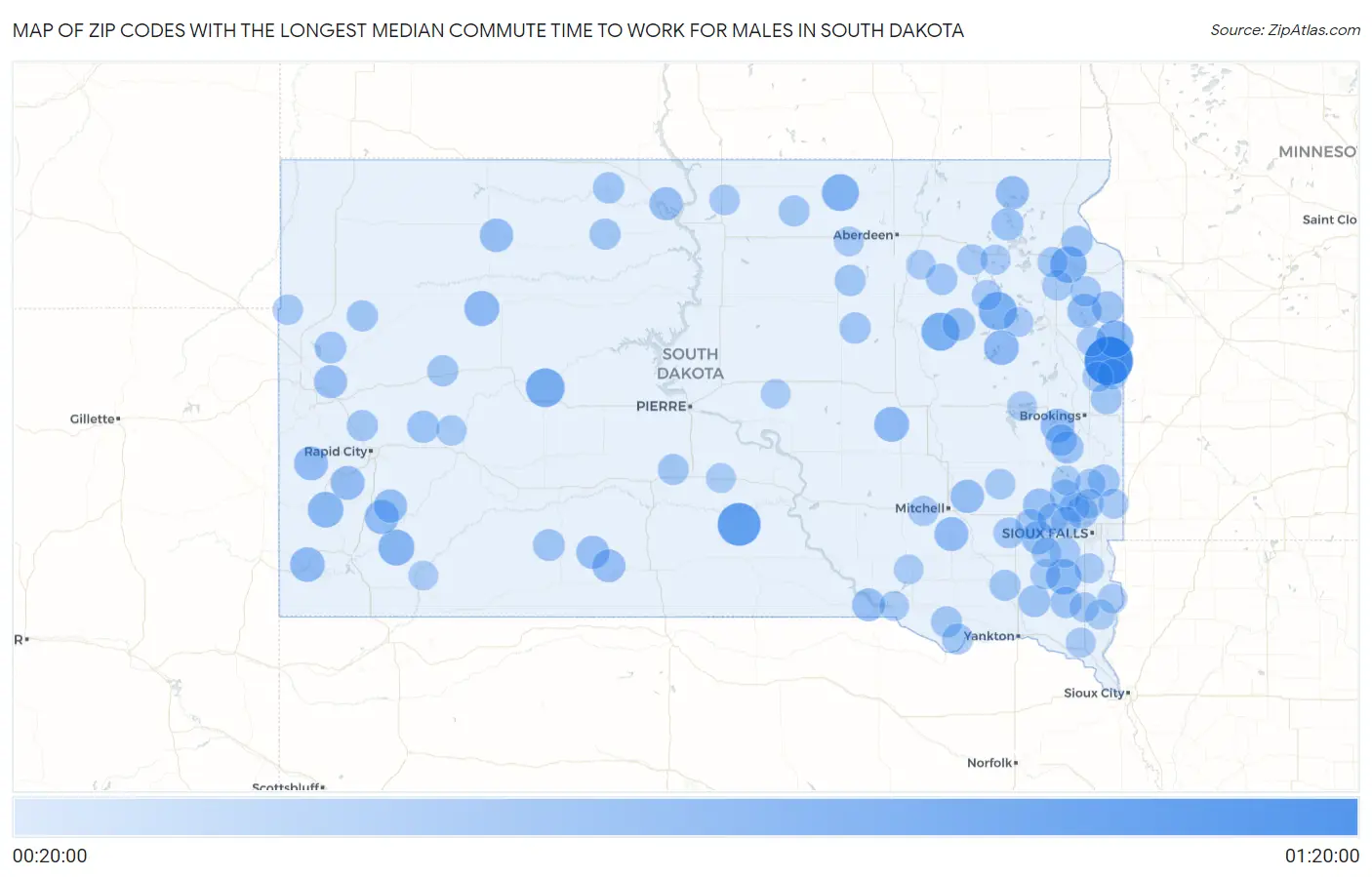 Zip Codes with the Longest Median Commute Time to Work for Males in South Dakota Map