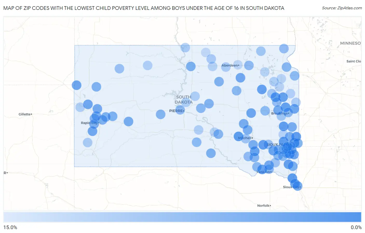 Zip Codes with the Lowest Child Poverty Level Among Boys Under the Age of 16 in South Dakota Map