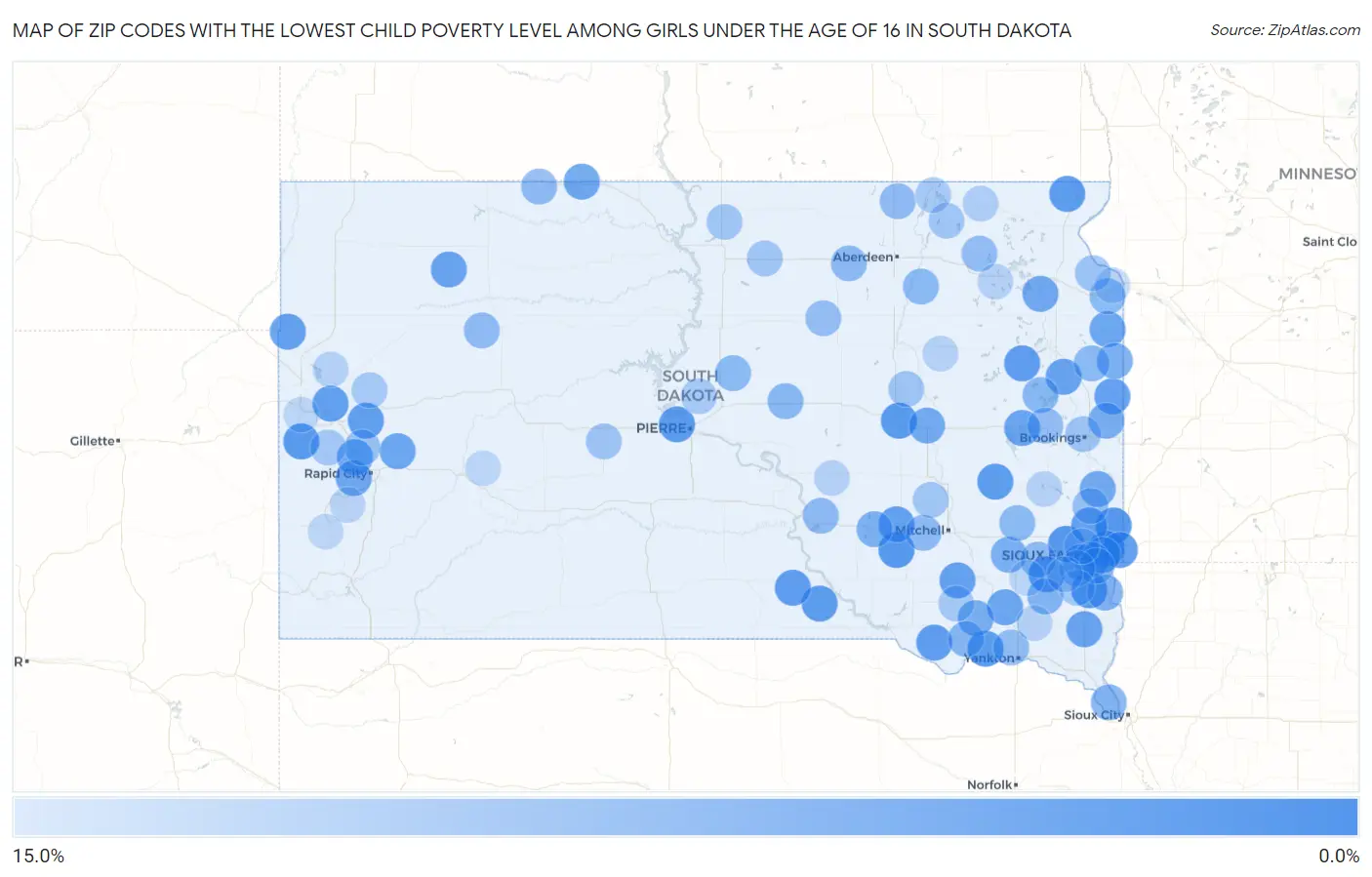 Zip Codes with the Lowest Child Poverty Level Among Girls Under the Age of 16 in South Dakota Map
