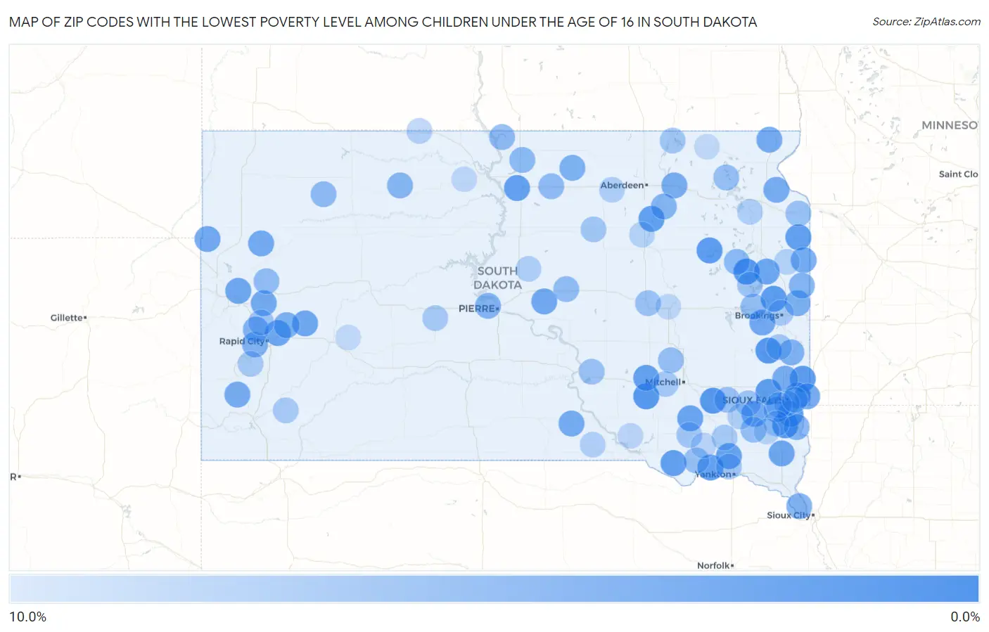 Zip Codes with the Lowest Poverty Level Among Children Under the Age of 16 in South Dakota Map