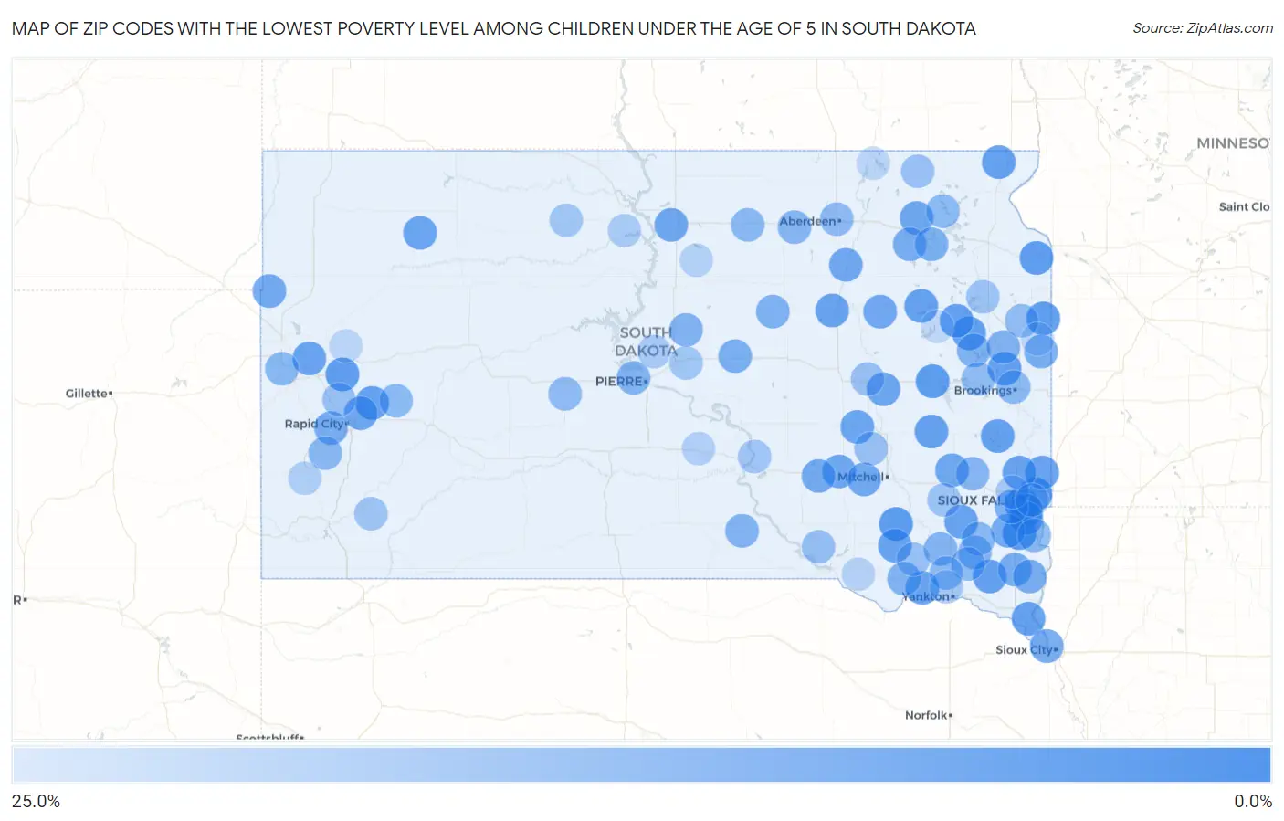 Zip Codes with the Lowest Poverty Level Among Children Under the Age of 5 in South Dakota Map