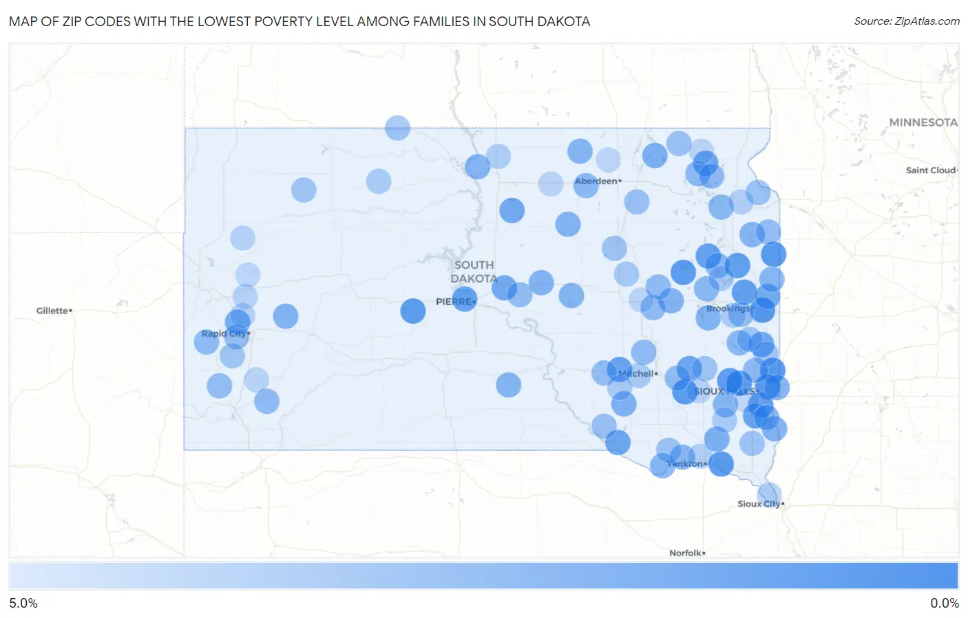 Zip Codes with the Lowest Poverty Level Among Families in South Dakota Map