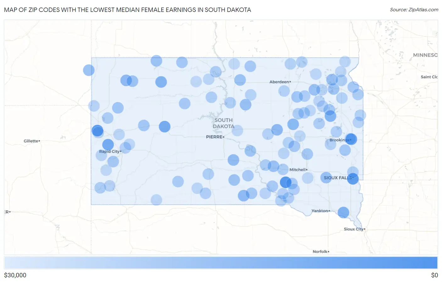 Zip Codes with the Lowest Median Female Earnings in South Dakota Map