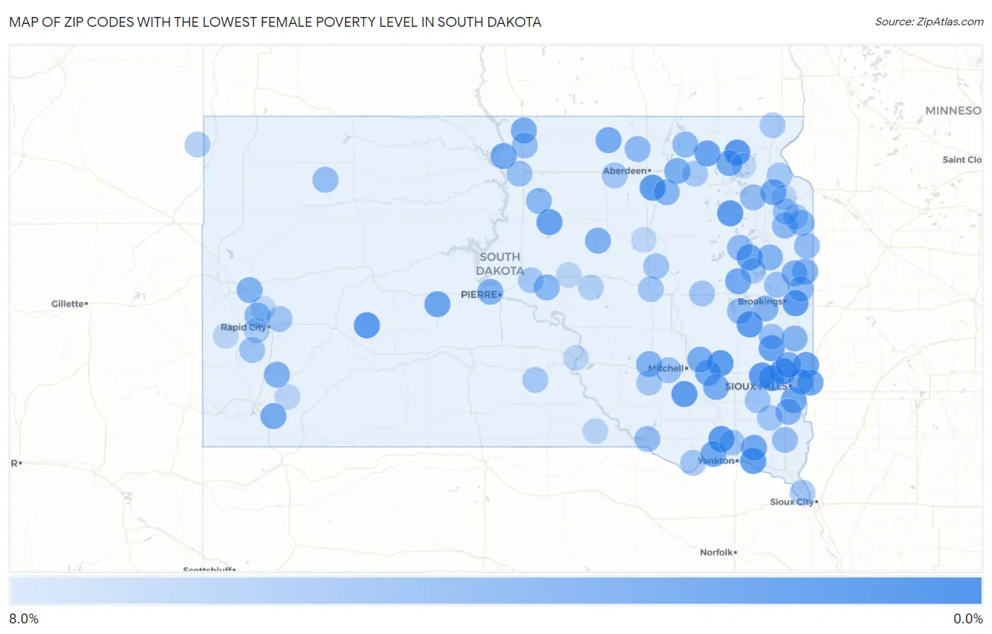 Zip Codes with the Lowest Female Poverty Level in South Dakota Map