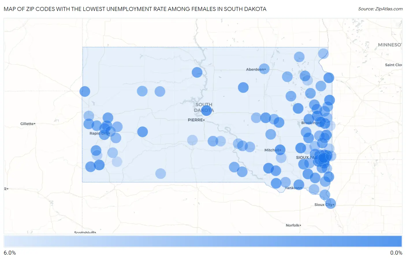 Zip Codes with the Lowest Unemployment Rate Among Females in South Dakota Map