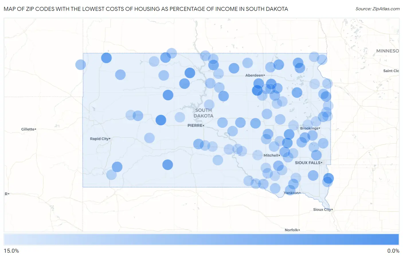 Zip Codes with the Lowest Costs of Housing as Percentage of Income in South Dakota Map