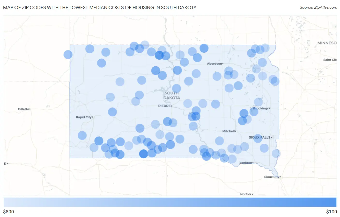 Zip Codes with the Lowest Median Costs of Housing in South Dakota Map