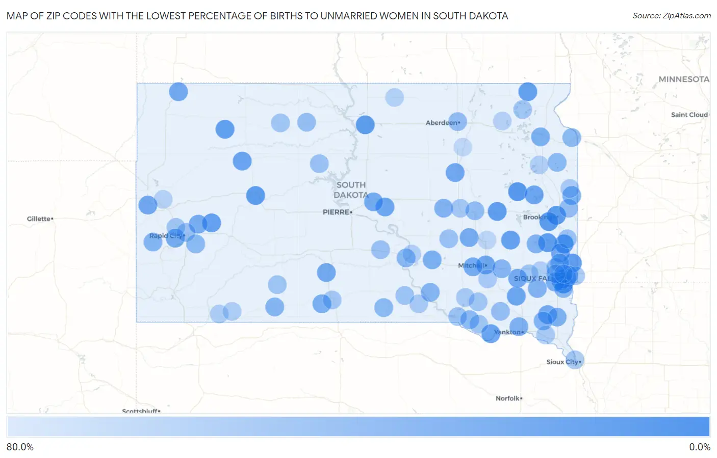 Zip Codes with the Lowest Percentage of Births to Unmarried Women in South Dakota Map