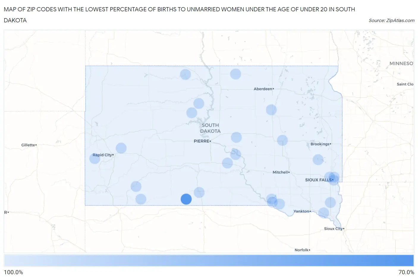 Zip Codes with the Lowest Percentage of Births to Unmarried Women under the Age of under 20 in South Dakota Map