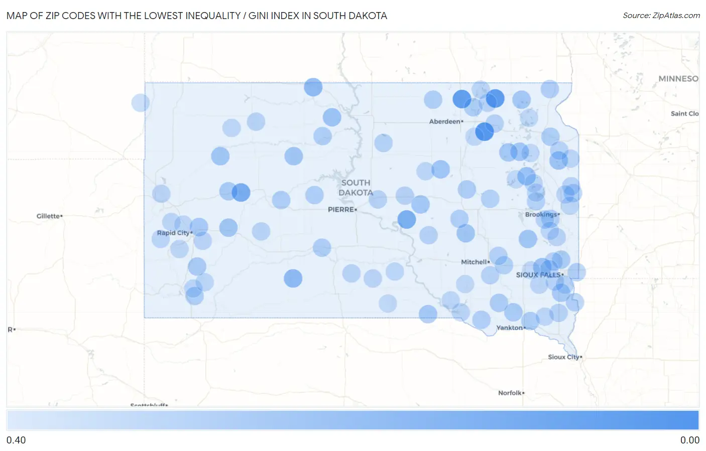 Zip Codes with the Lowest Inequality / Gini Index in South Dakota Map