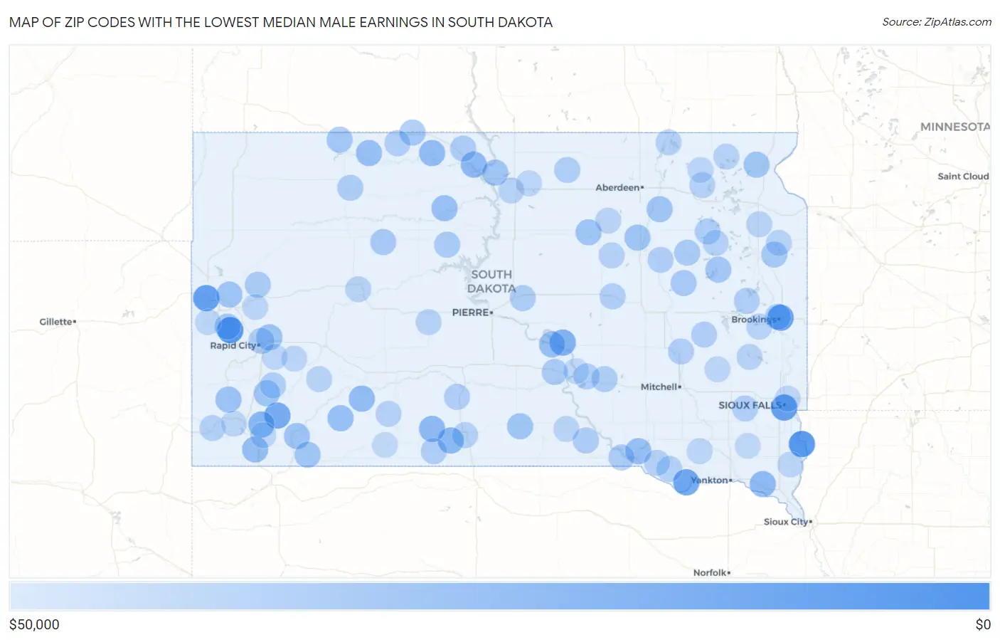 Zip Codes with the Lowest Median Male Earnings in South Dakota Map
