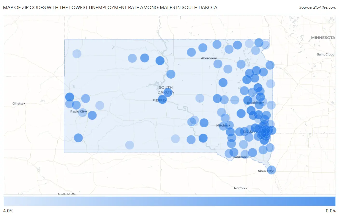 Zip Codes with the Lowest Unemployment Rate Among Males in South Dakota Map