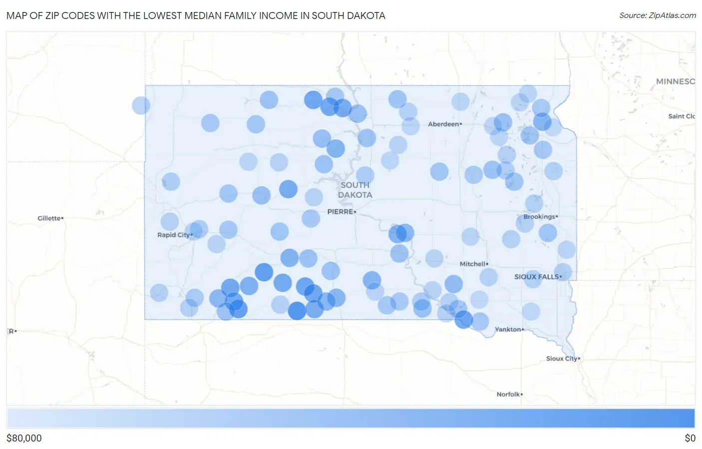 Zip Codes with the Lowest Median Family Income in South Dakota Map
