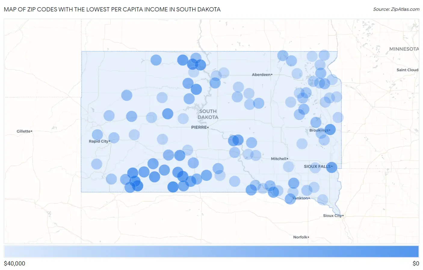 Zip Codes with the Lowest Per Capita Income in South Dakota Map