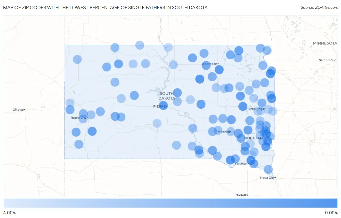 Zip Codes with the Lowest Percentage of Single Fathers in South Dakota Map