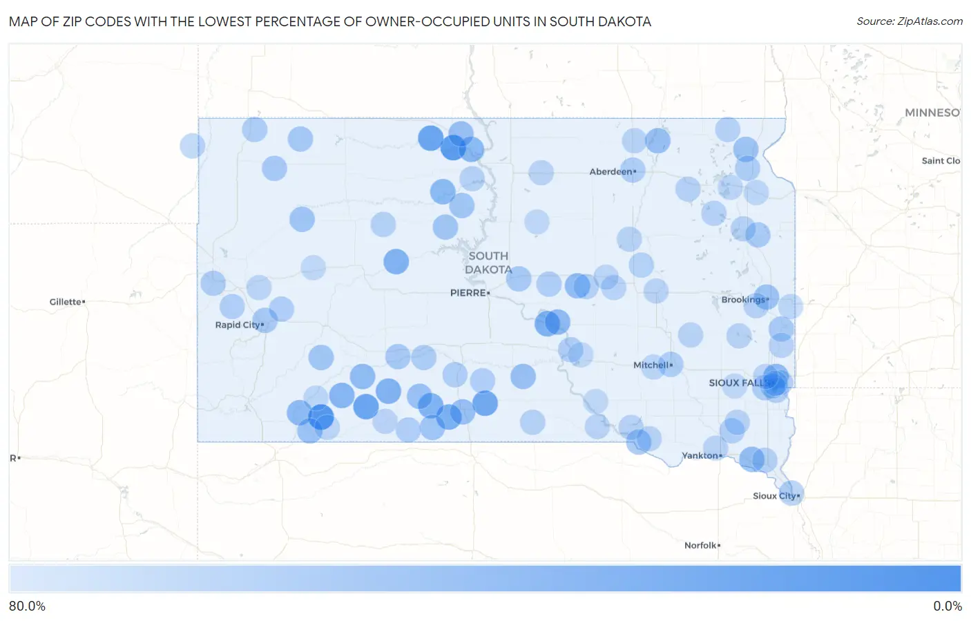Zip Codes with the Lowest Percentage of Owner-Occupied Units in South Dakota Map