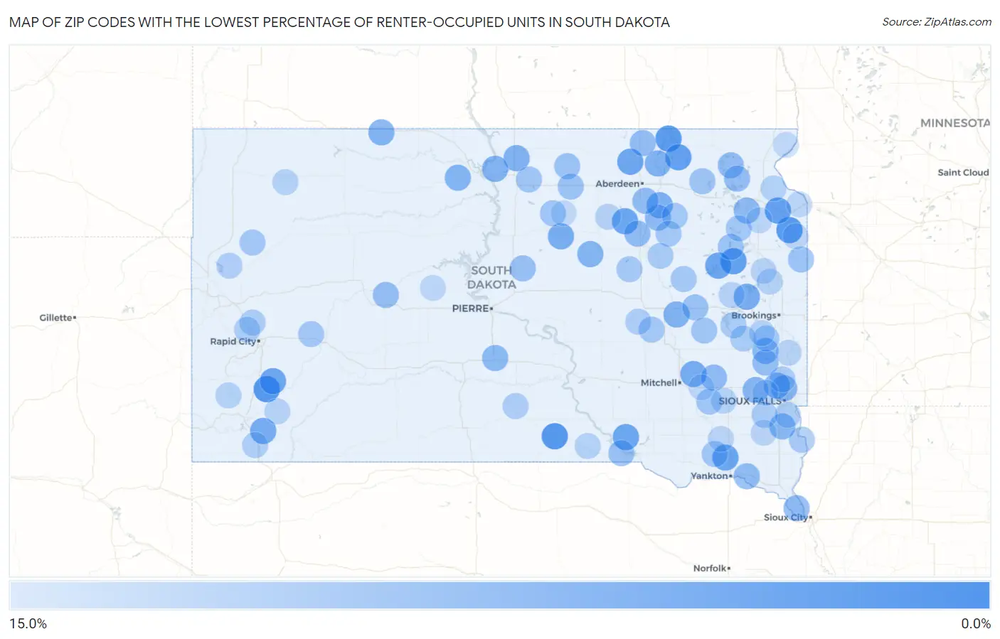 Zip Codes with the Lowest Percentage of Renter-Occupied Units in South Dakota Map