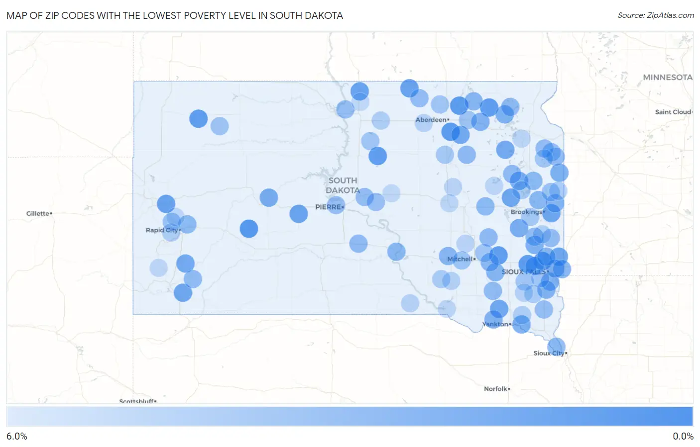 Zip Codes with the Lowest Poverty Level in South Dakota Map