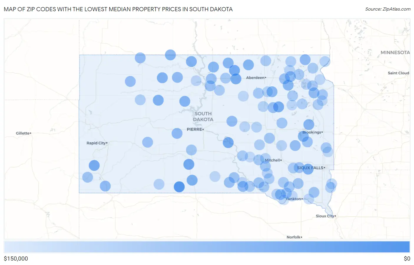 Zip Codes with the Lowest Median Property Prices in South Dakota Map