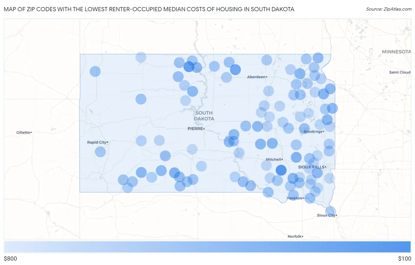 Zip Codes with the Lowest Renter-Occupied Median Costs of Housing in South Dakota Map