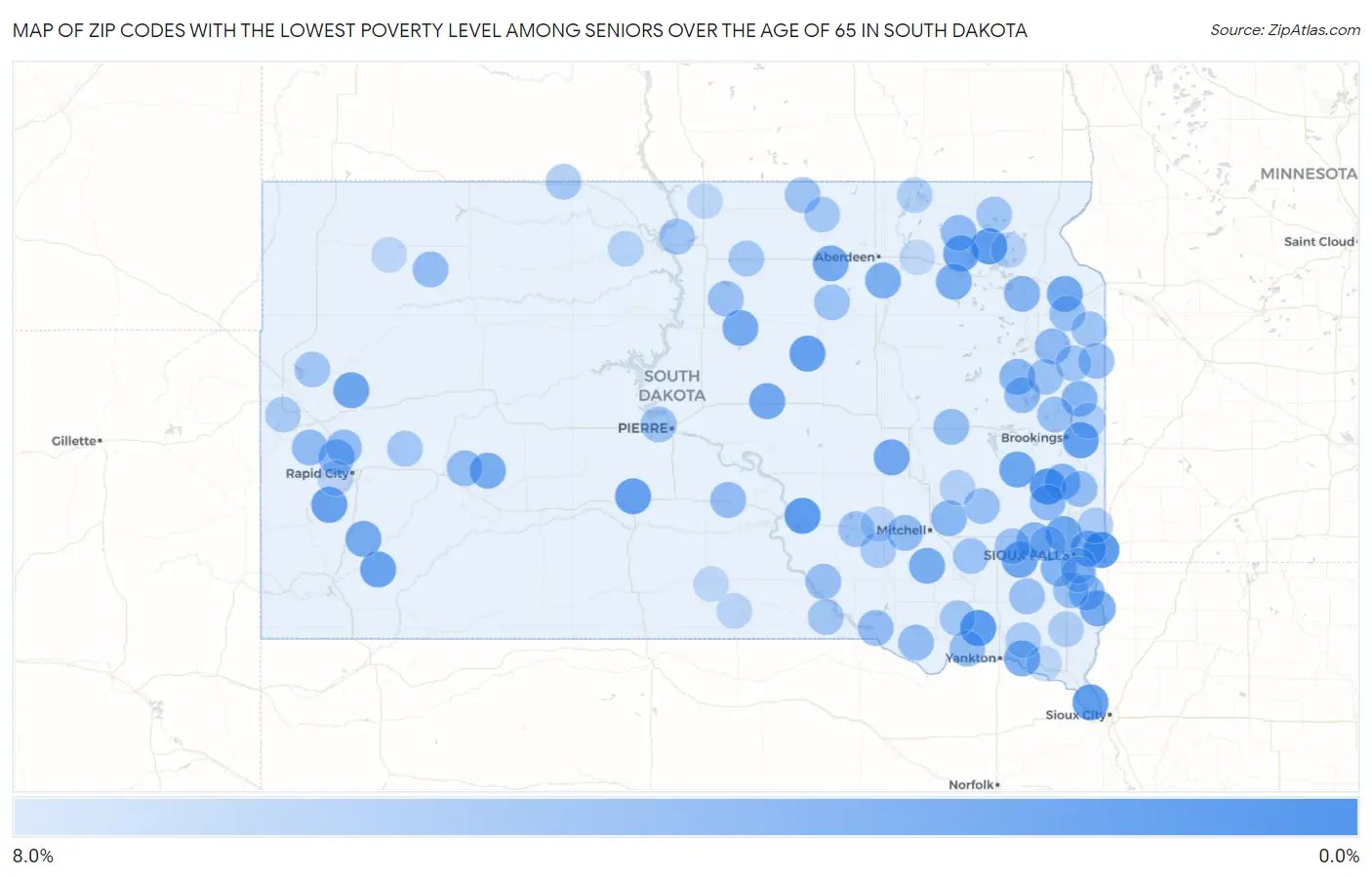Zip Codes with the Lowest Poverty Level Among Seniors Over the Age of 65 in South Dakota Map