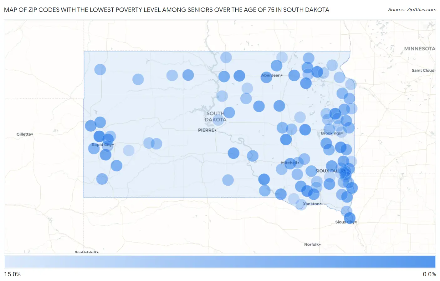 Zip Codes with the Lowest Poverty Level Among Seniors Over the Age of 75 in South Dakota Map