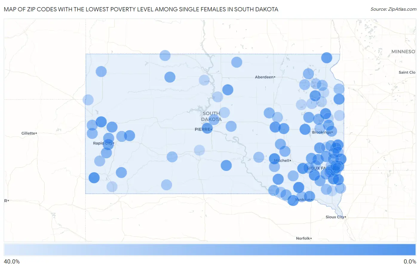 Zip Codes with the Lowest Poverty Level Among Single Females in South Dakota Map
