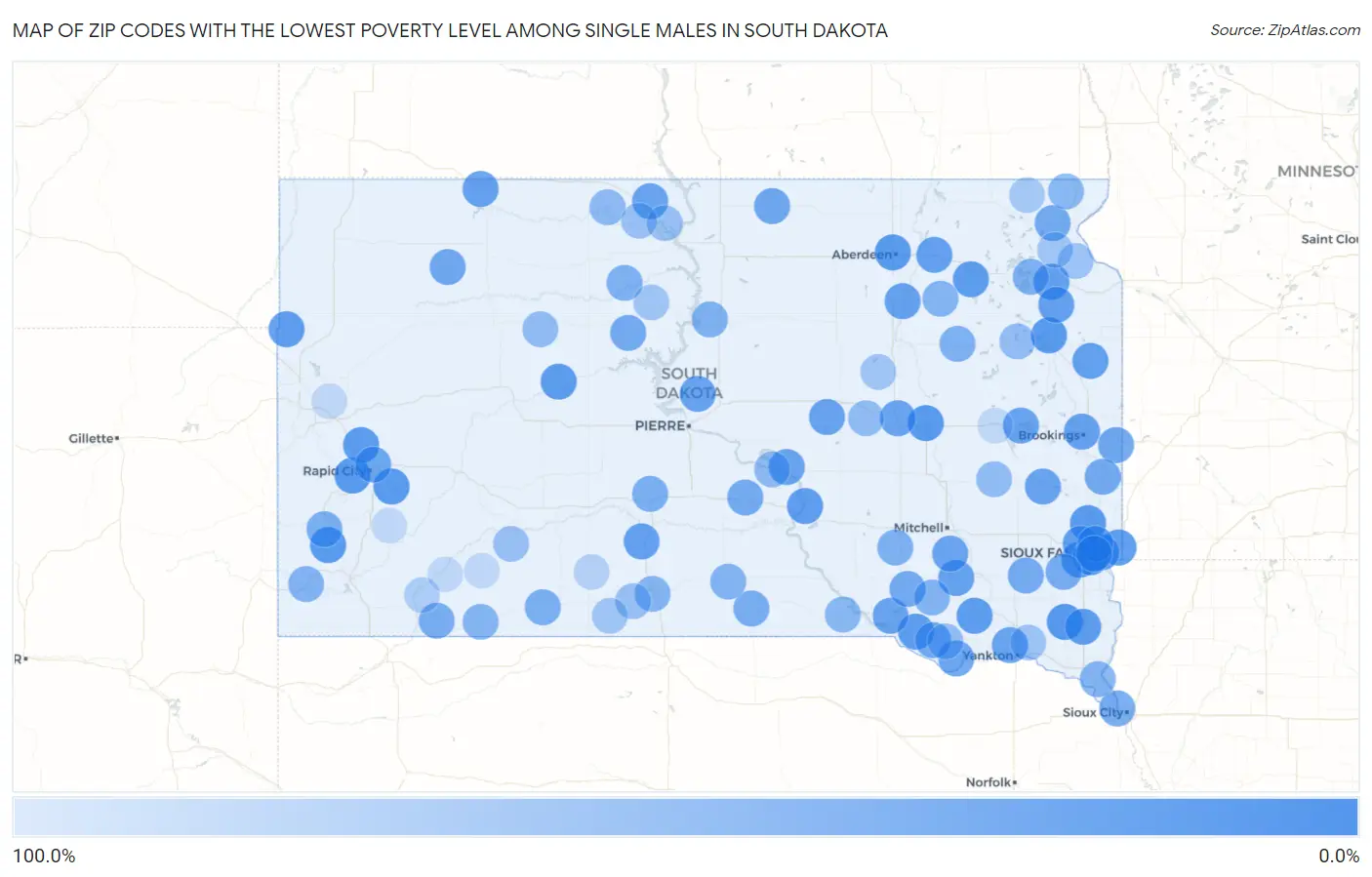 Zip Codes with the Lowest Poverty Level Among Single Males in South Dakota Map