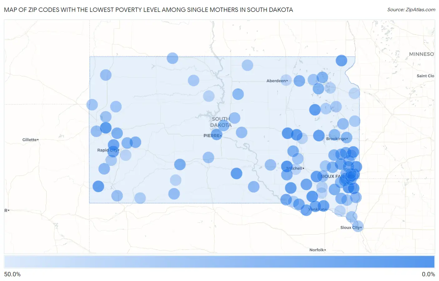 Zip Codes with the Lowest Poverty Level Among Single Mothers in South Dakota Map