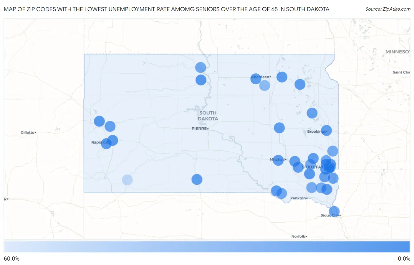 Zip Codes with the Lowest Unemployment Rate Amomg Seniors Over the Age of 65 in South Dakota Map
