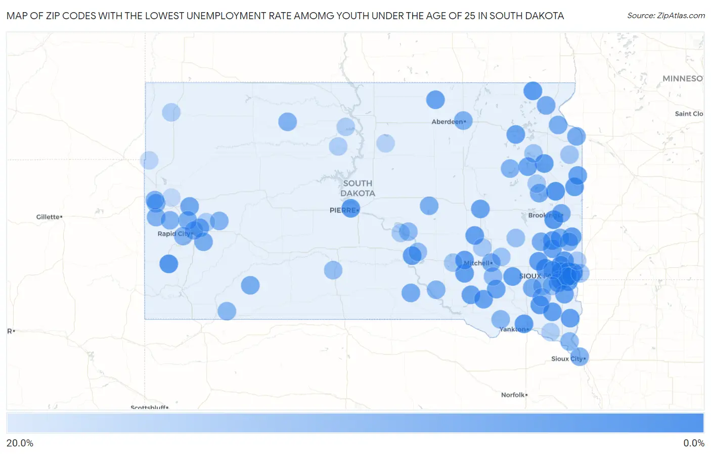 Zip Codes with the Lowest Unemployment Rate Amomg Youth Under the Age of 25 in South Dakota Map