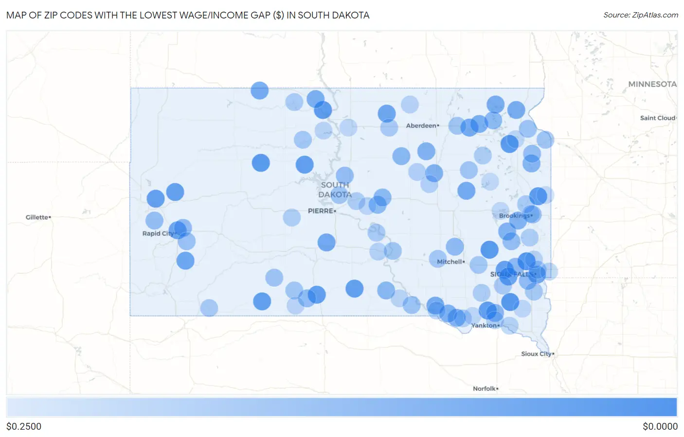 Zip Codes with the Lowest Wage/Income Gap ($) in South Dakota Map