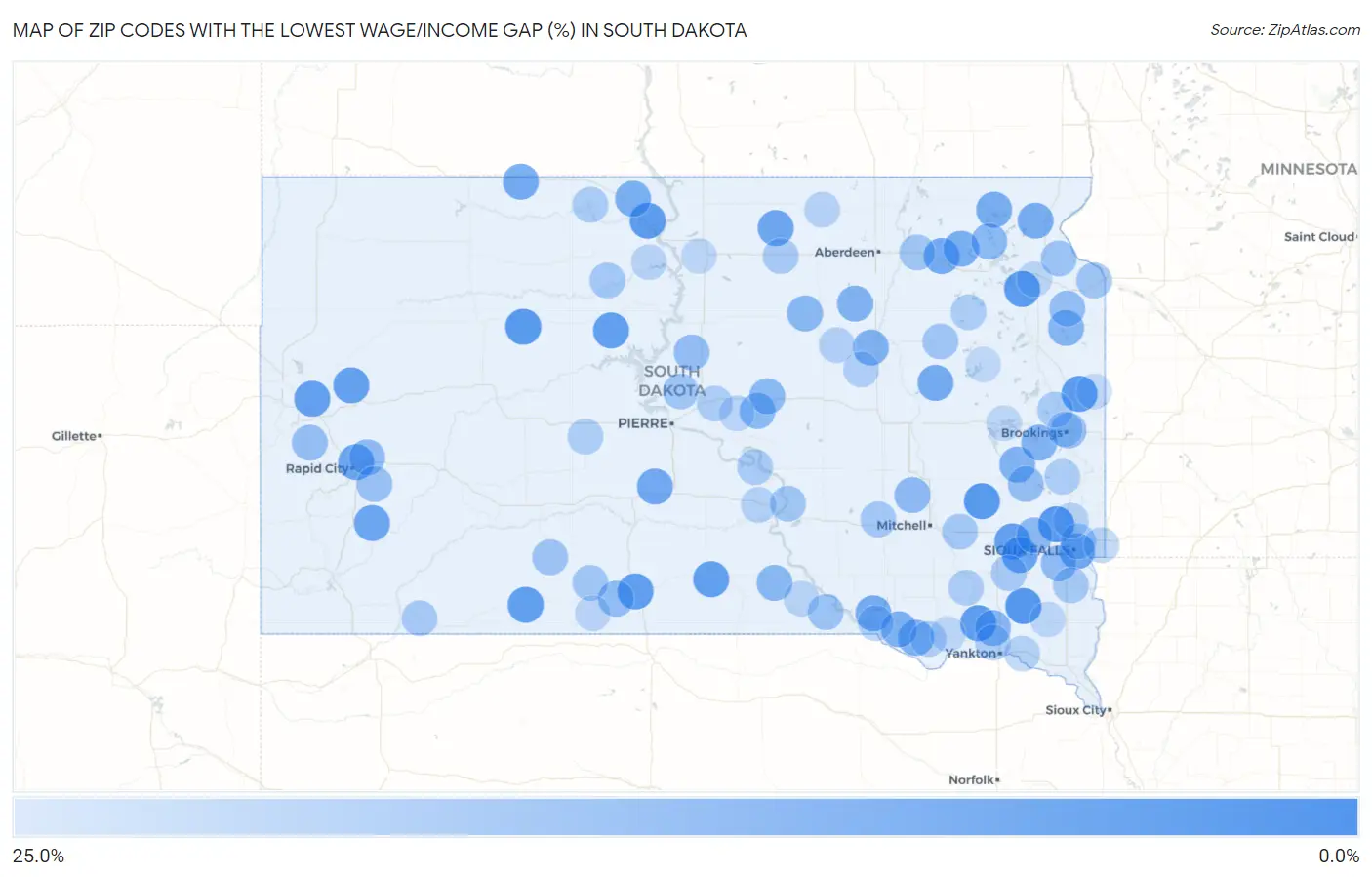 Zip Codes with the Lowest Wage/Income Gap (%) in South Dakota Map