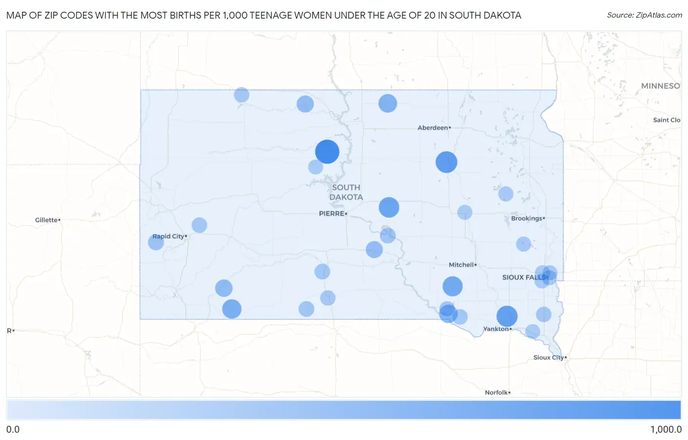 Zip Codes with the Most Births per 1,000 Teenage Women Under the Age of 20 in South Dakota Map
