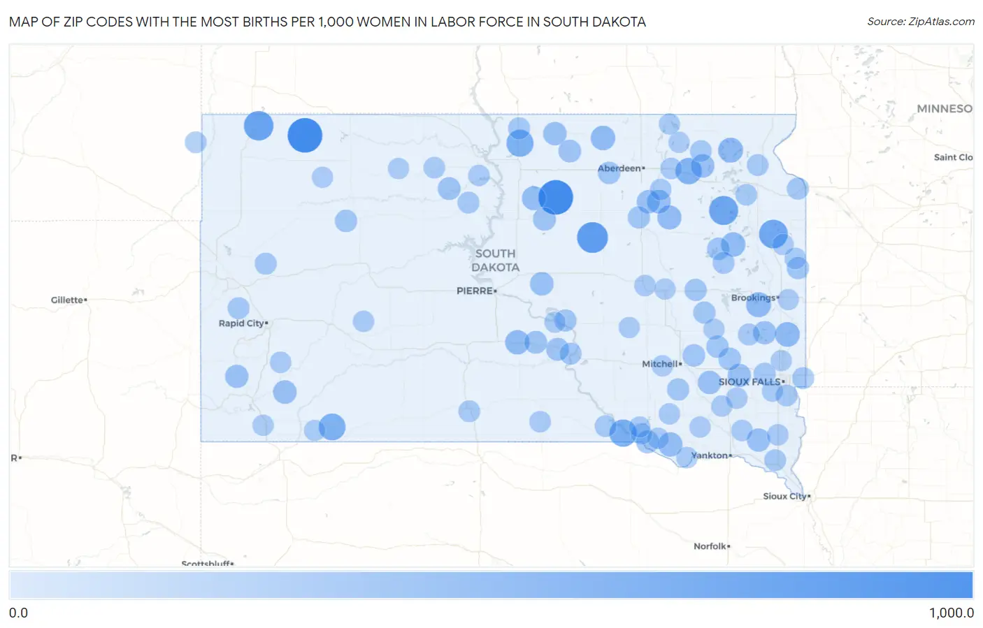 Zip Codes with the Most Births per 1,000 Women in Labor Force in South Dakota Map