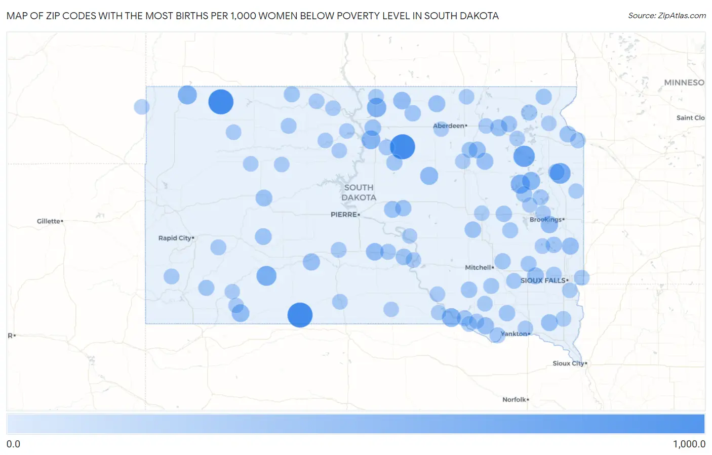 Zip Codes with the Most Births per 1,000 Women Below Poverty Level in South Dakota Map