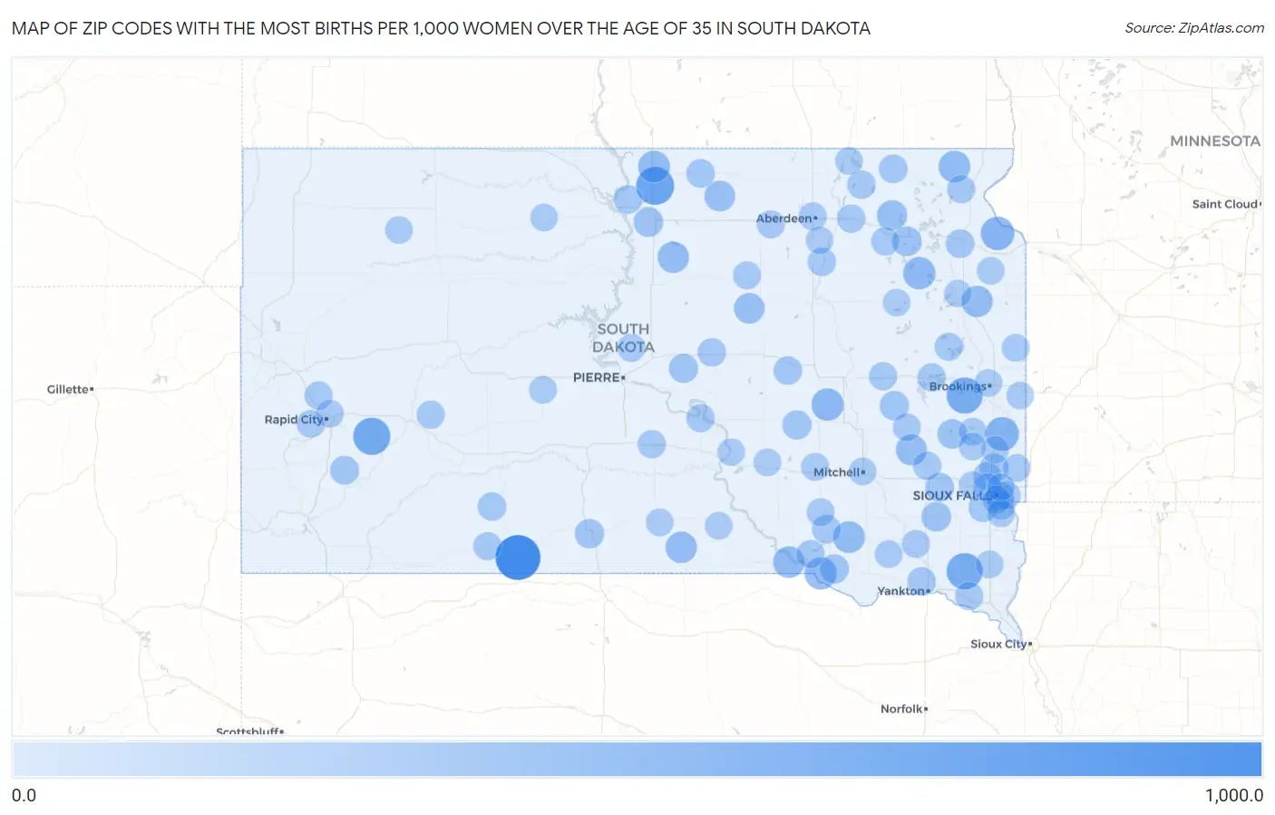 Zip Codes with the Most Births per 1,000 Women Over the Age of 35 in South Dakota Map