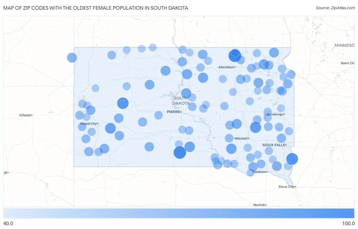 Zip Codes with the Oldest Female Population in South Dakota Map