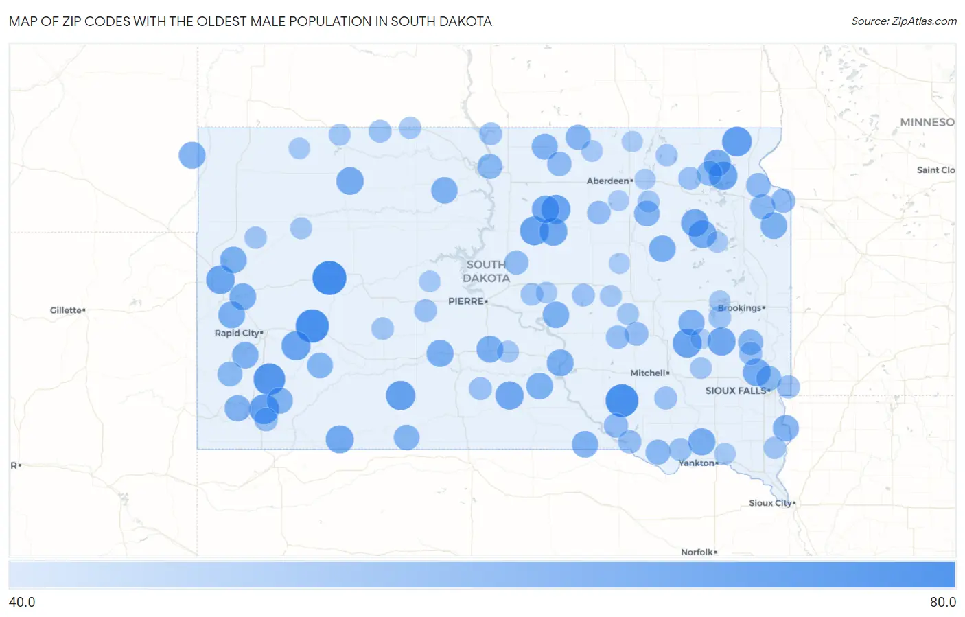 Zip Codes with the Oldest Male Population in South Dakota Map