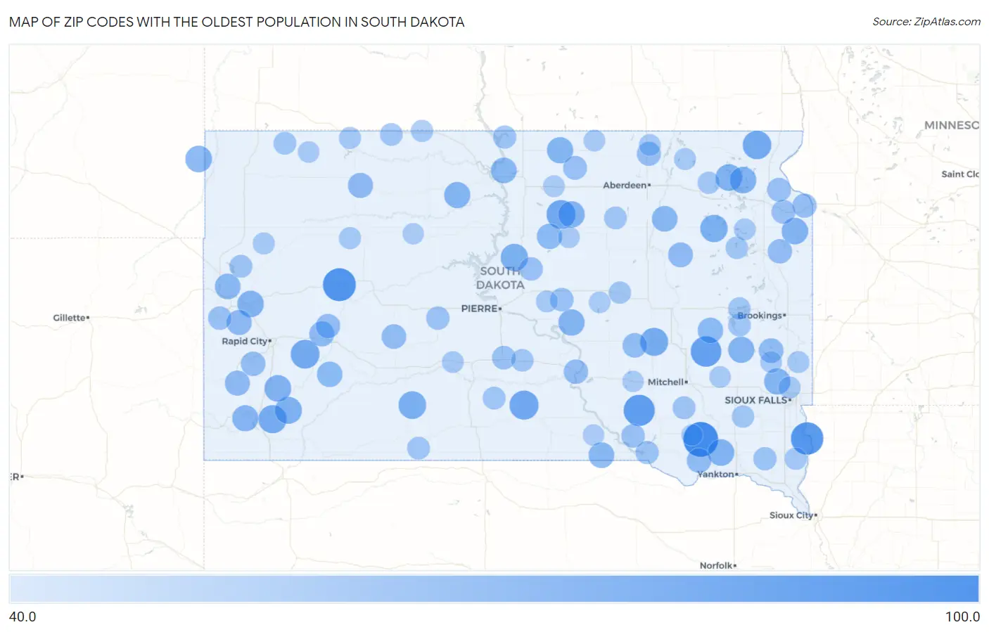 Zip Codes with the Oldest Population in South Dakota Map