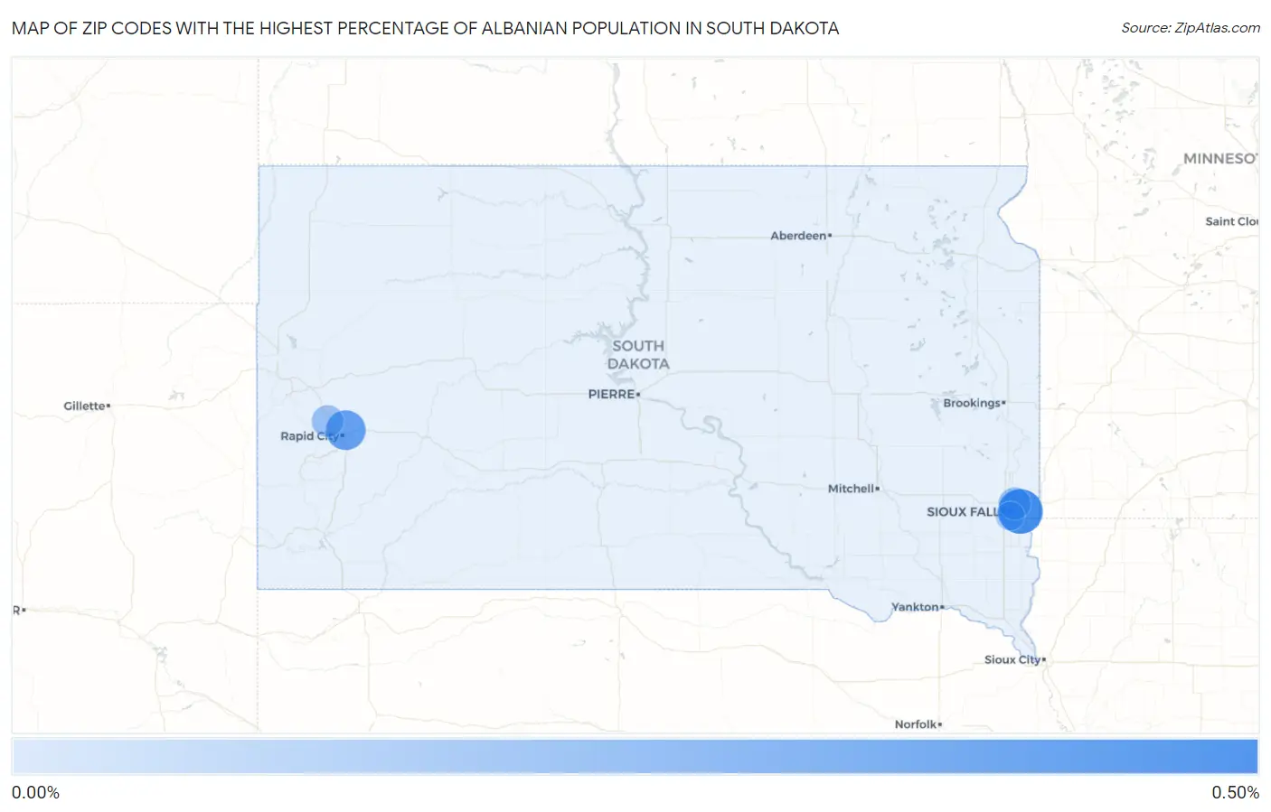 Zip Codes with the Highest Percentage of Albanian Population in South Dakota Map