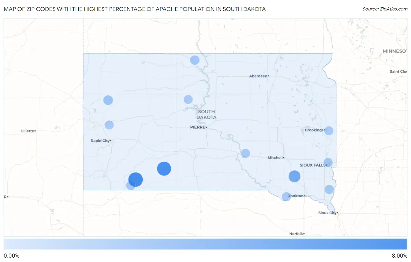 Zip Codes with the Highest Percentage of Apache Population in South Dakota Map