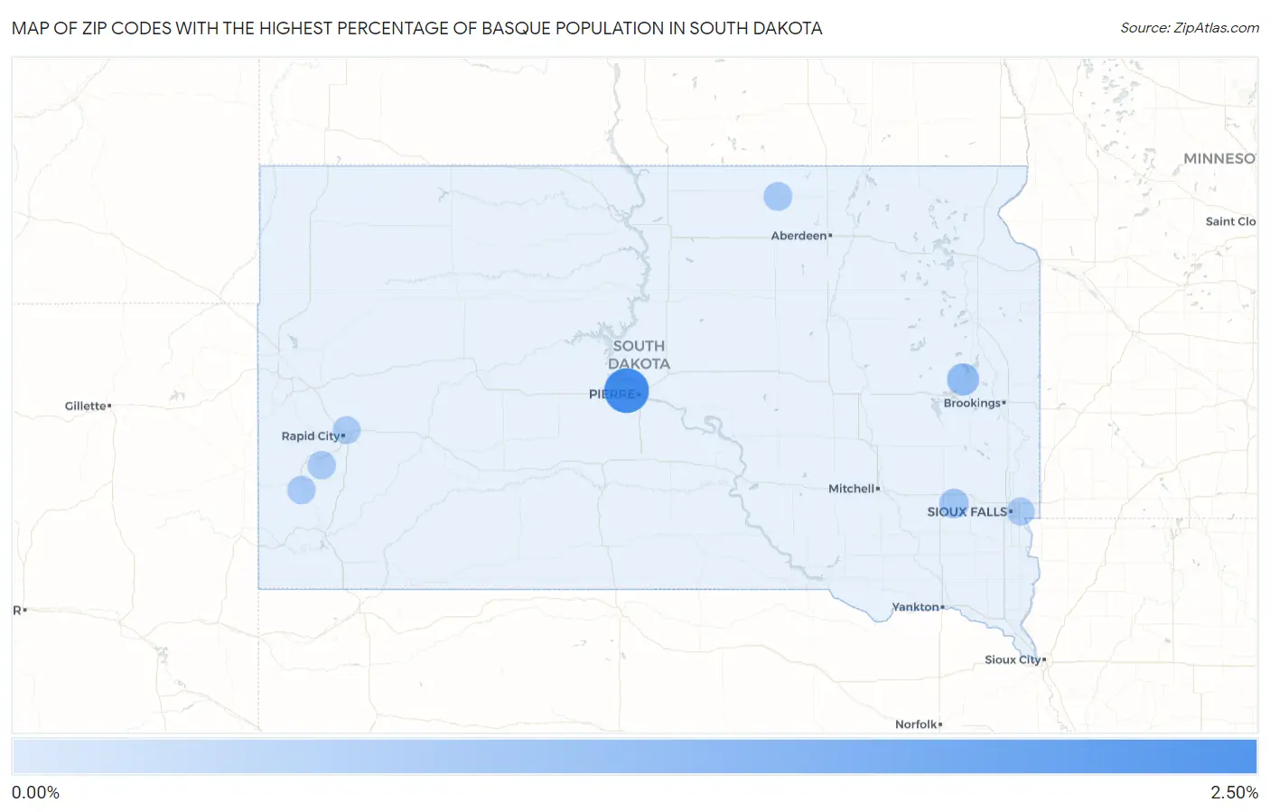 Zip Codes with the Highest Percentage of Basque Population in South Dakota Map