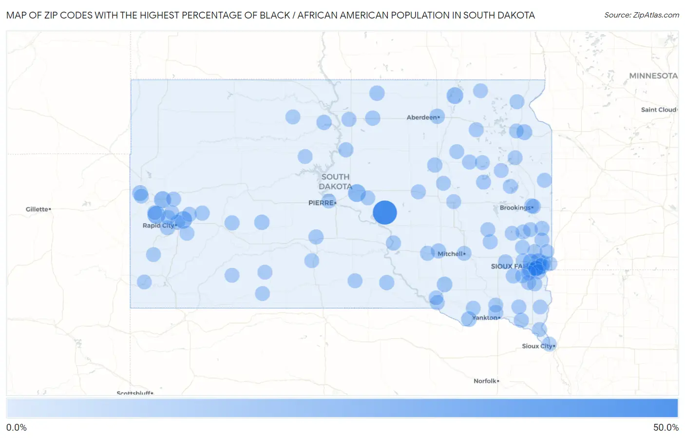 Zip Codes with the Highest Percentage of Black / African American Population in South Dakota Map