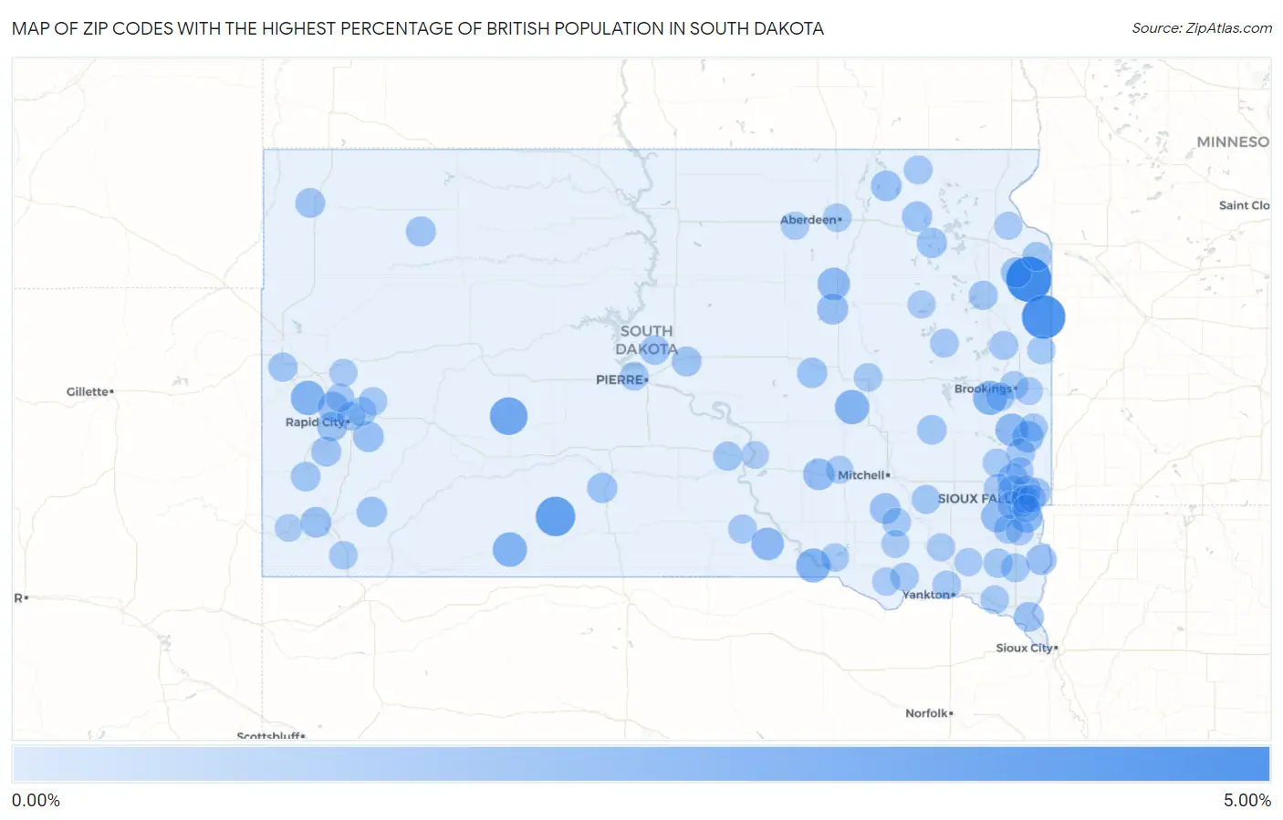 Zip Codes with the Highest Percentage of British Population in South Dakota Map
