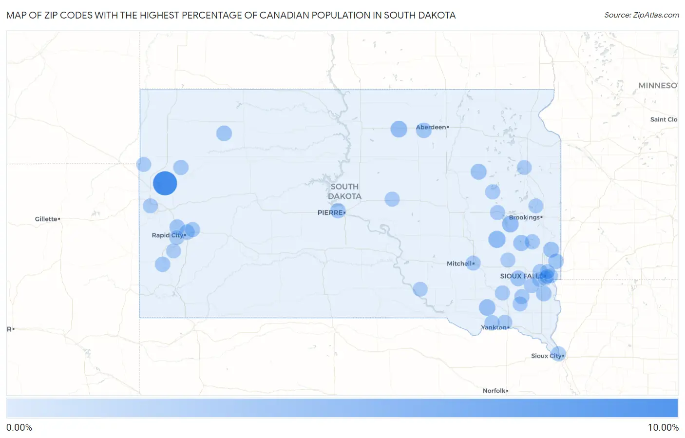 Zip Codes with the Highest Percentage of Canadian Population in South Dakota Map