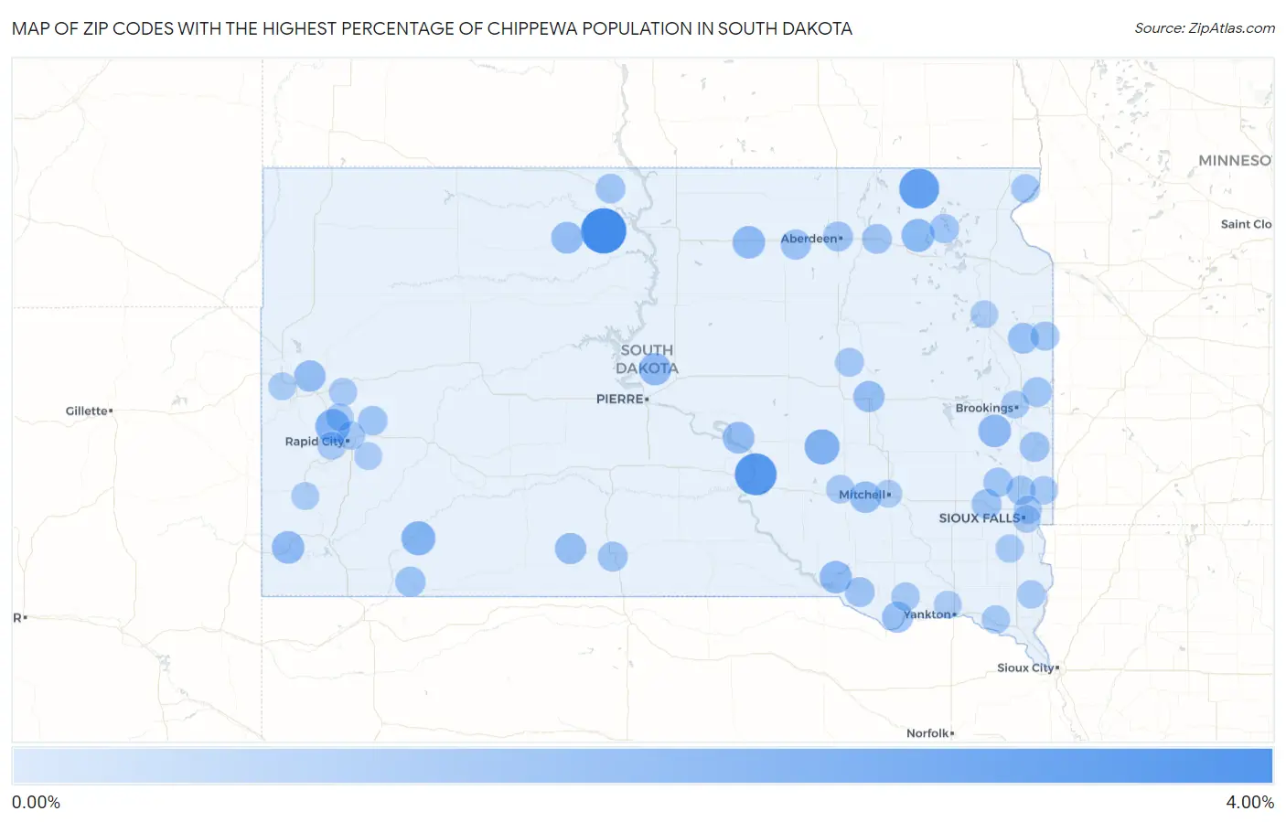 Zip Codes with the Highest Percentage of Chippewa Population in South Dakota Map
