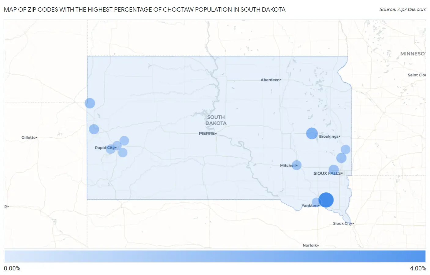 Zip Codes with the Highest Percentage of Choctaw Population in South Dakota Map
