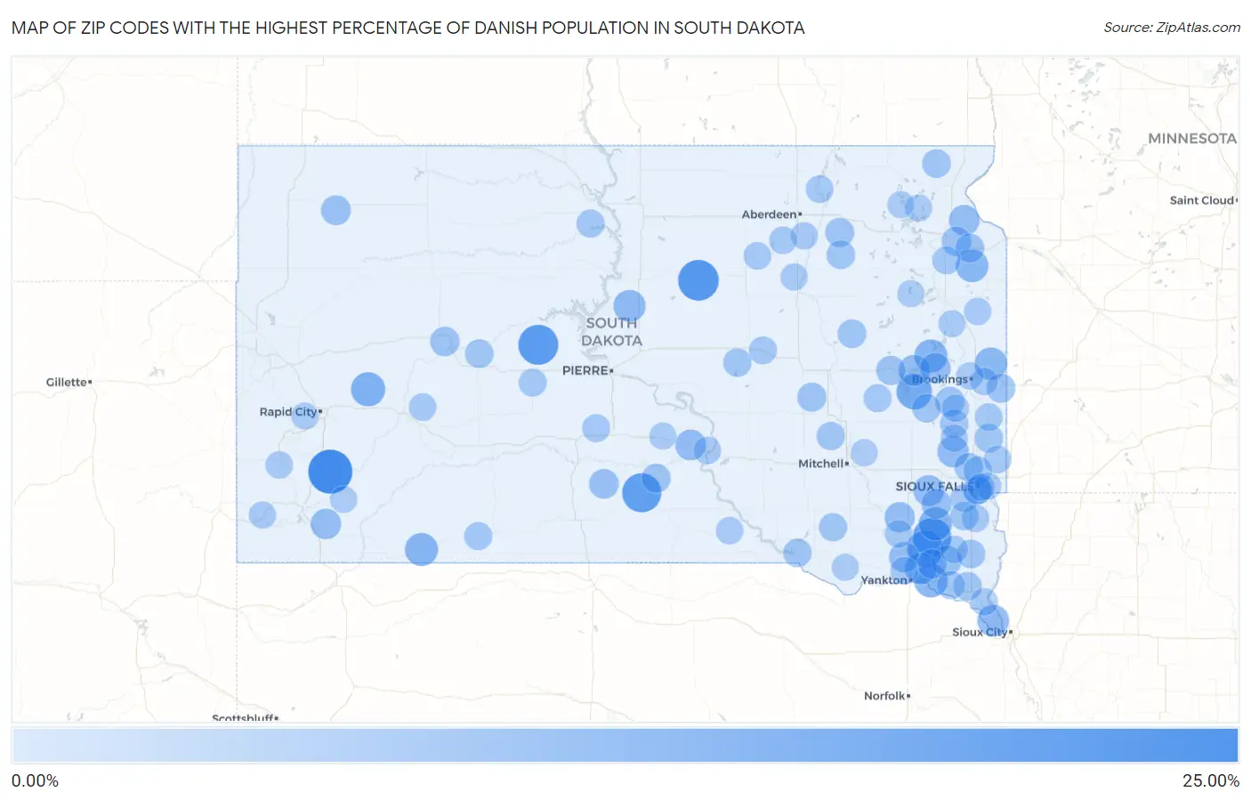 Zip Codes with the Highest Percentage of Danish Population in South Dakota Map